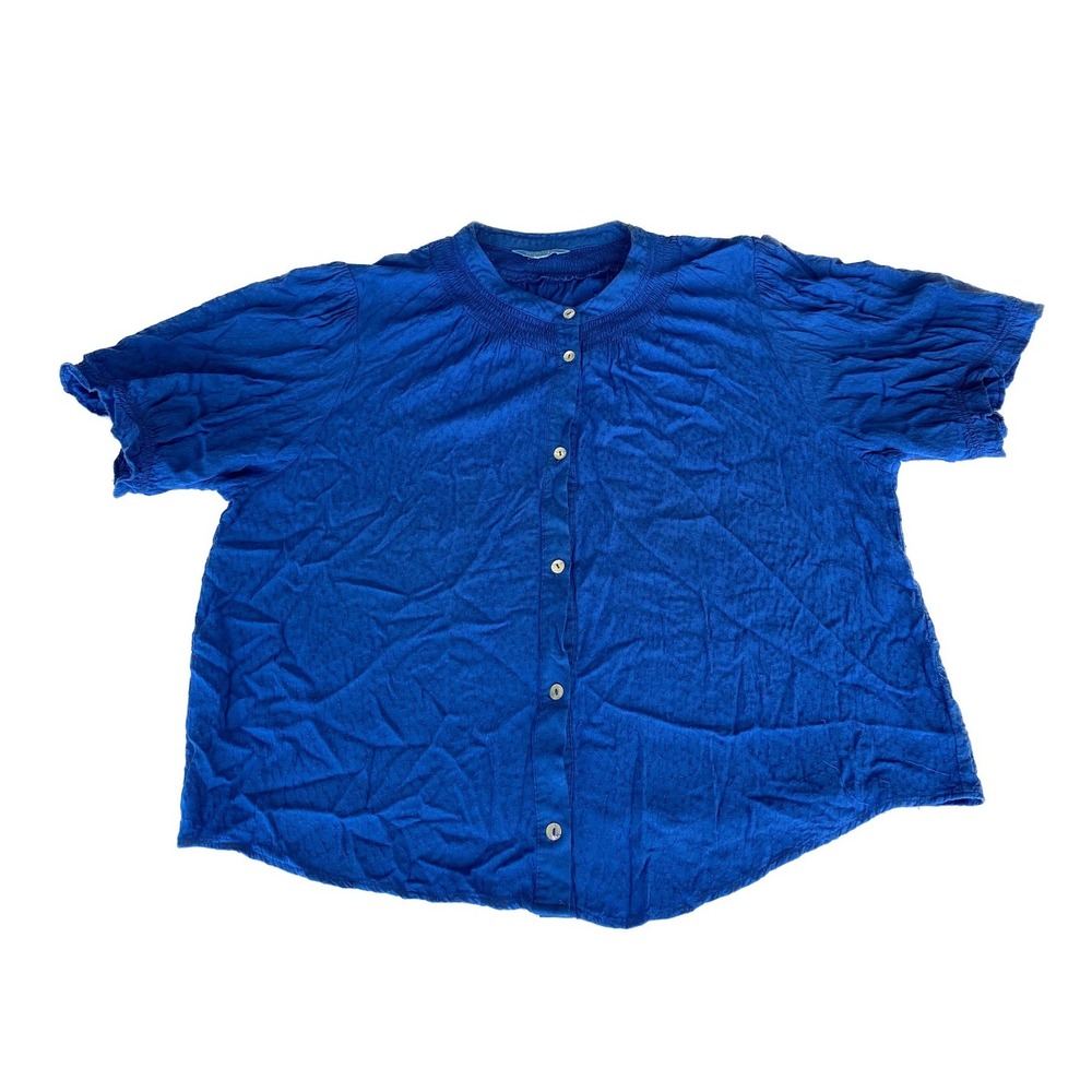 Draper James RSVP Royal Blue Smocked Neck Short Sleeve Button Up Blouse Top L